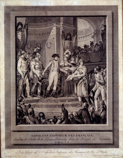 Napoleon distribuerer stjernerne i Æreslegionen til Invalides 26 messsidor an XII. Gravering af Charles Monnet (1732 - Ap 1808) af Charles Monnet