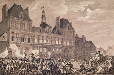 Robespierre, Saint-Just, Couthon og Hanriot søger tilflugt på Hotel-de-Ville i Paris, 9 Thermidor år II (27. juli 1794) 1800 af Charles Monnet