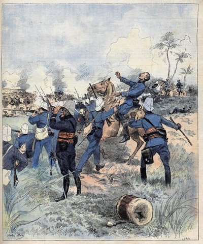 Kommandør Faurax døde i slaget ved Dogba den 19. september 1892 i Dahomey (nu Benin) efter aquerellen de Morel i 1892. af Charles Morel