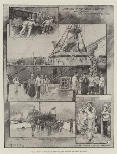 Flådeaktivitet i Portsmouth Dockyard, afgang af Flying Squadron (litho) af Charles Murray (after) Padday