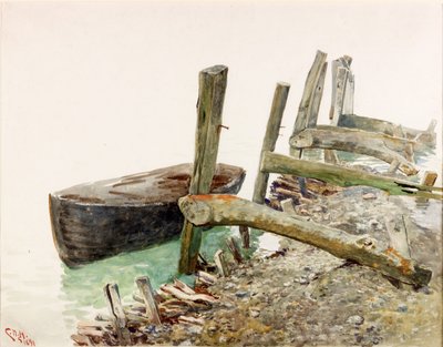 Jolle nærmer sig en anløbsbro (kropsfarve) af Charles Napier Hemy