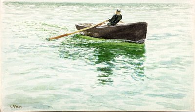 Mand der ror i en jolle (akvarel og akvarel på papir) af Charles Napier Hemy