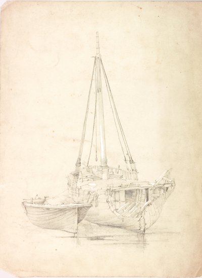 Gammel fiskerbåd og jolle (kropsfarve og blyant på papir) af Charles Napier Hemy