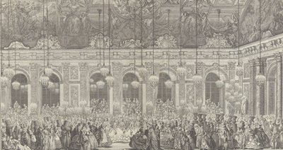 Dekoration til et maskebal i Versailles, i anledning af t..., ca. 1860 genoptryk af 1764 plade. af Charles Nicolas Cochin