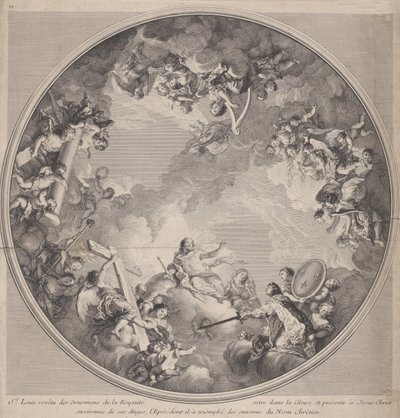 Saint Louis præsenterer sit sværd til Kristus, efter et loftdesign, 1755-90. af Charles Nicolas Cochin