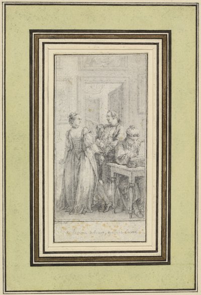 Ottende dag, første historie, Madonna Ambruogia giver sin mand de to hundrede floriner, hun blev givet af Gulfardo som betaling for hendes tjenester af Charles Nicolas Cochin II