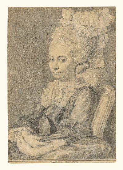 Portræt af en ung kvinde, der holder en vifte af Charles Nicolas Cochin II