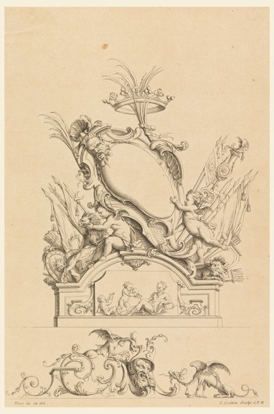 Design til Cartouche with Crown, Two Putti Serving Bacchus og Two Lions fra "Cartouches Nouvellement Inventez" af Charles Nicolas Cochin the younger