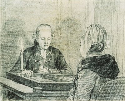 Et siddende par, damen set bagfra, spiller Backgammon ved stearinlys af Charles Nicolas II Cochin