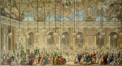 Kuglemaske eller bold af Ifs giver til brylluppet af Louis Dauphin af Frankrig (1729-1765) med Marie Therese (Marie-Therese) fra Spanien i Glace Gallery i Versailles i februar 1745 Tegning med pen og blæk af Charles Nicolas Cochin le Jeune (1715-1790) af Charles Nicolas II Cochin