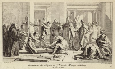 Opdagelse af relikvier fra St. Baudile, martyrdøden i Nimes i 250 (gravering) af Charles Nicolas II Cochin