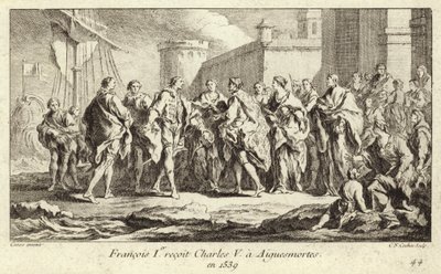 Kong Frans I af Frankrig modtog kejser Karl V i Aigues-Mortes af Charles Nicolas II Cochin