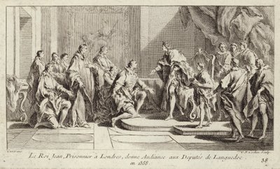 Kong John II af Frankrig, holdt fanget af englænderne i London, holdt audiens for en deputation fra Languedoc af Charles Nicolas II Cochin