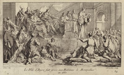 Ludvig I, hertug af Anjou, regent af kong Charles VI af Frankrig, takker indbyggerne i Montpellier af Charles Nicolas II Cochin