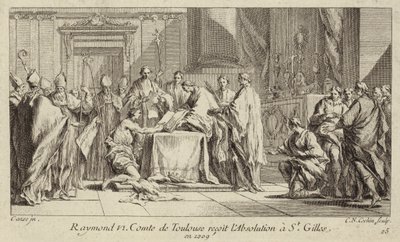 Raymond VI, greve af Toulouse, ydmyger sig ved kirken St Gilles for at få sin ekskommunikation ophævet af Charles Nicolas II Cochin