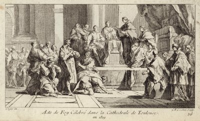 Omvendte katharer erklærer deres tro på den katolske religion i Toulouse-katedralen, Frankrig af Charles Nicolas II Cochin