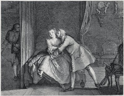 Øremakeren og formreolen illustration til Les contes de La Fontaine, ca. 1743”. gravering af Charles-Nicolas Cochin (1715-1790). af Charles Nicolas II Cochin