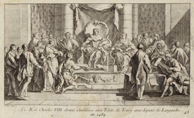 Charles VIII af Frankrig holder en høring til deputerede fra Languedoc ved Generalstænderne i Tours af Charles Nicolas II Cochin