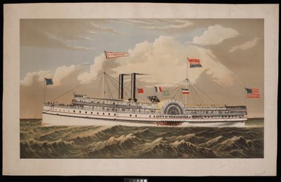 Amerikansk hjuldamper City of Worcester Norwich Line til Boston via New London og Norwich (litografi, farvelagt) af Charles Parsons