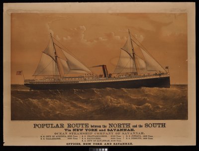 Populær rute mellem nord og syd via New York og Savannah, Ocean Steamship Company of Savannah... City of Augusta... (litografi, farvelagt) af Charles Parsons