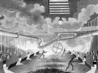 Generel visning af et gasværk, der viser retorter under opladning, 1835 af Charles Partington