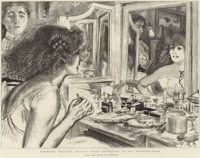 Madame Sarah Bernhardt i sit omklædningsrum (litho) af Charles Paul (after) Renouard