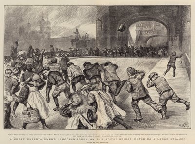 En billig underholdning, skolebørn på Tower Bridge ser på en stor damper af Charles Paul Renouard