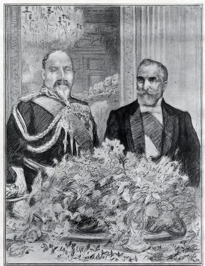 Hjertelig: den franske præsident Emile Loubets besøg i London - banketten på den franske ambassade - kong Edward VII og Loubet - tegnet af Paul Renouard for avisen The Graphic. juli 1903. af Charles Paul Renouard