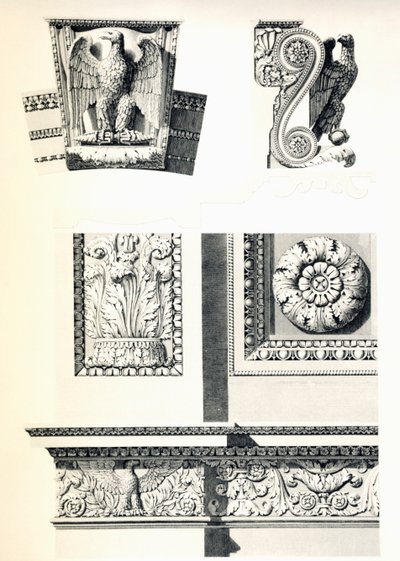 Dekoration med ørne, rosetter og akantusblade til Arc de Triomphe du Carrousel, af Charles Percier (1764-1838) og Pierre Francois Leonard Fontaine (1762-1853), gravering af Louis Pierre Baltard (1764-1846), detalje, Frankrig af Charles Percier