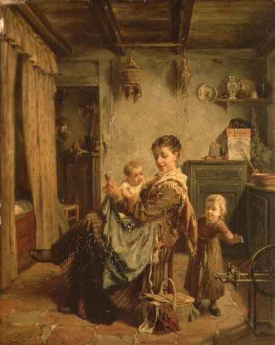 Cache-Cache, et interiør med mor og barn af Charles Petit
