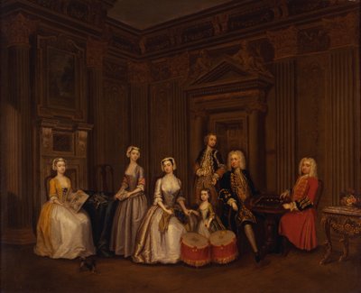 Portræt af Algernon Seymour, Lord Hertford (senere 7. hertug af Somerset) med oberst Tomkins Wardour, oberst Browne, Lord Beauchamp, Frances, Lady Hertford, Lady Elizabeth Seymour og Miss Herbert af Charles Philips
