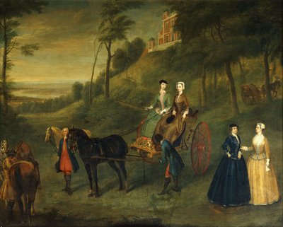 Ladies and Maids of Honor i Greenwich Park: Et gruppeportræt af Juliana, hertuginde af Leeds, Lady Charlotte Hamilton, Lady Isabella Tufton og Henrietta, grevinde af Pomfret, alle iført ridevaner, med brudgom og heste foran observatoriet, 173 af Charles Phillips