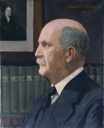 William Henry Bragg (1862-1942) med et billede af Michael Faraday (1791-1867) i baggrunden, 1939 af Charles Phillips