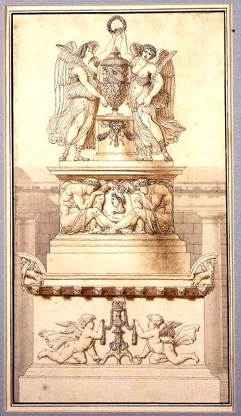 Design til et begravelsesmonument til en romersk general, ca. 1800 (kridt, pen og blæk og vask på papir) af Charles Pierre Joseph Normand