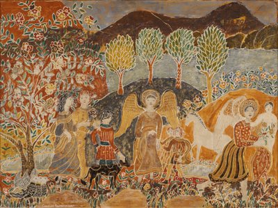 Engle i et landskab (blandet medier på panel) af Charles Prendergast