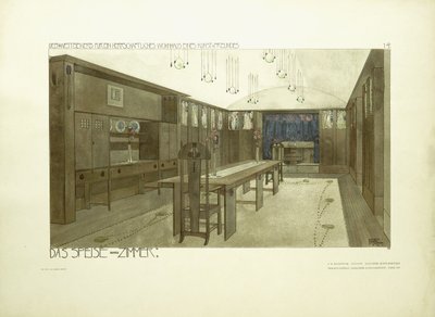 Spisestue, ca. 1901 (farvelitografi) af Charles Rennie (after) Mackintosh