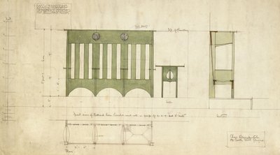 Design til bænke og bord, vist i opstalt og snitplan af Charles Rennie Mackintosh