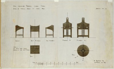 Designs til skriveborde vist foran og fra siden, til Ingram Street Tea Rooms, 1909 af Charles Rennie Mackintosh
