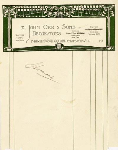Papirdesign til John Orr & Sons, Glasgow, ca. 1894-1898 (trykt papir) af Charles Rennie Mackintosh