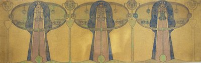 Dekorativ frise af stiliserede menneskefigurer, træ- og planteformer, ca. 1895 (blyant og akvarel på gråt kunstpapir) af Charles Rennie Mackintosh