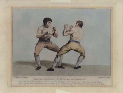 Engelske priskæmpere Daniel Mendoza og Richard Humphreys ved deres boksekamp den 29. september 1790 (gravering) af Charles Reuben (after) Ryley