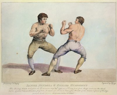 Boksningskamp mellem Daniel Mendoza og Richard Humphreys, 29. september 1790 (håndkoloreret radering) af Charles Reuben Ryley