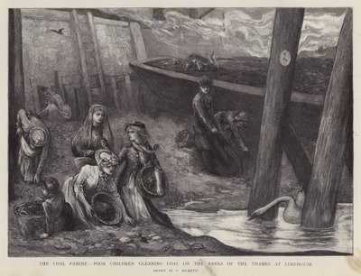 Fattige børn, der henter kulstykker fra Themsens bred ved Limehouse, London (litho) af Charles Ricketts