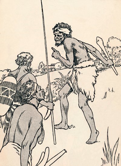 Aboriginale mænd nærmer sig en nybyggergård, 1912 af Charles Robinson