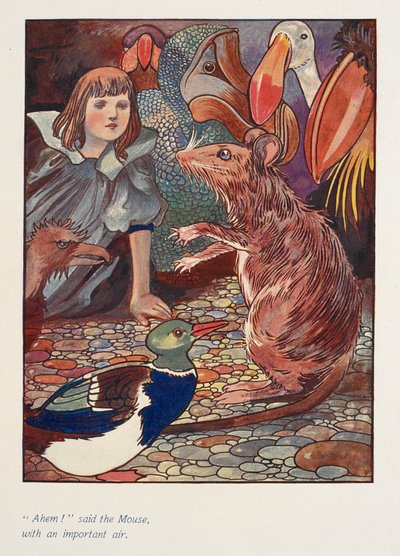 "Ahem!" sagde musen med en vigtig mine.
Alice med en mus og andre dyr. af Charles Robinson