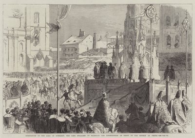 Kroning af kongen af Ungarn, kongen sværger at overholde forfatningen foran kirken i Pesth af Sir John Charles Robinson