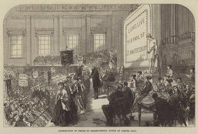 Uddeling af priser til ujævne skoleelever i Exeter Hall af Sir John Charles Robinson