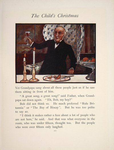 Illustrationen viser en mand, der hæver sit glas ved et julemåltid. af Charles Robinson