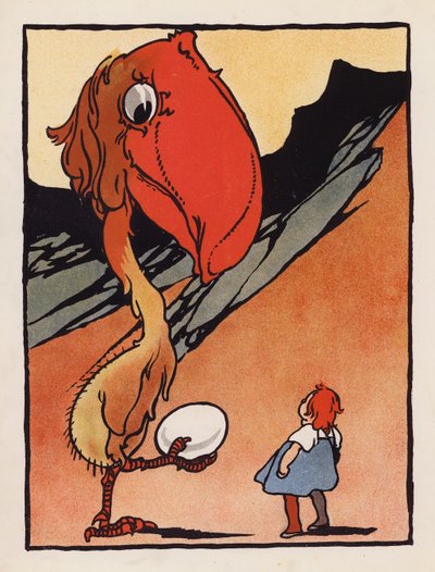 Nonsens: Dreng med en mærkelig fugl, der holder et æg (farvelitografi) af Charles Robinson