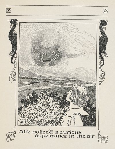 Hun bemærkede en mærkelig fremtoning i luften.
Alice og Cheshire-katten. af Charles Robinson